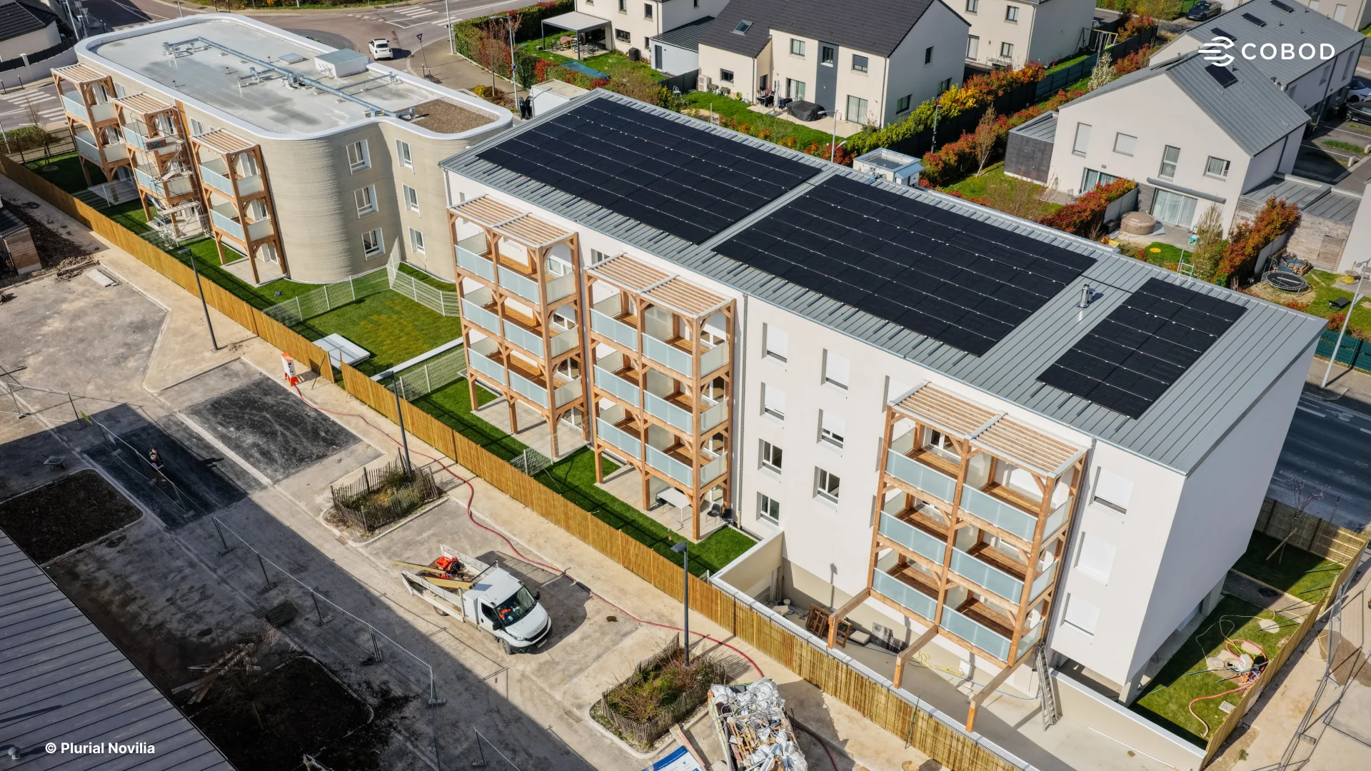 Aerial view of ViliaSprint 3D printed apartment block in Bezannes France