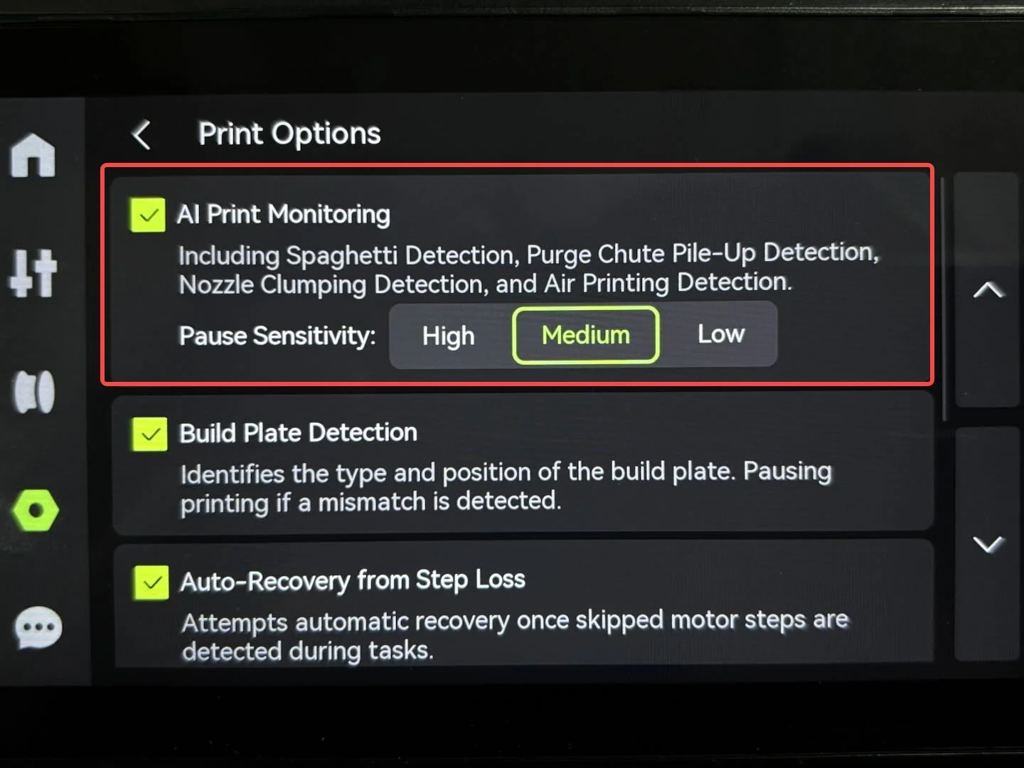 Bambu Lab print options screen showing AI Print Monitoring with spaghetti detection enabled