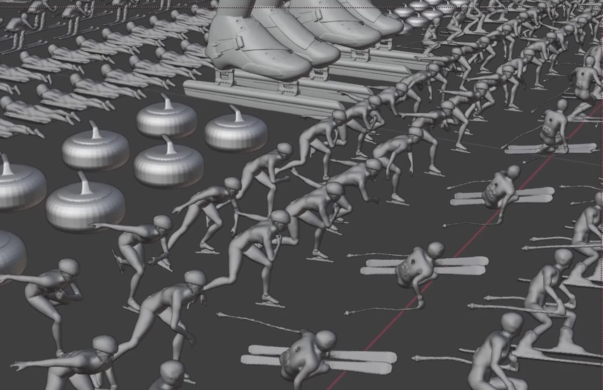 Digital 3D scene layout showing virtual athlete models used to plan the BBC Winter Olympics stop-motion film