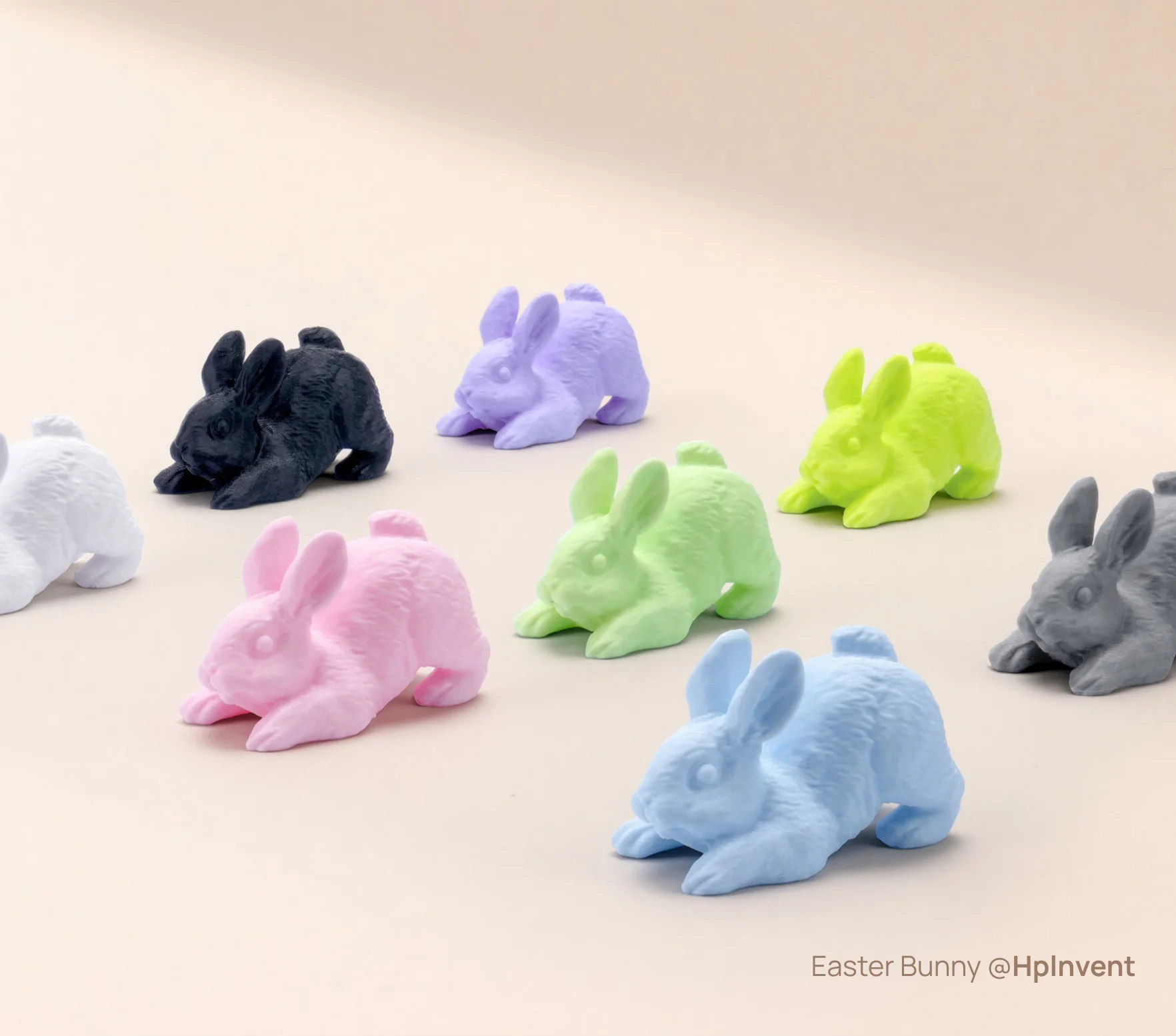 Eight Easter bunny models printed in Bambu Lab PETG Matte filament colors