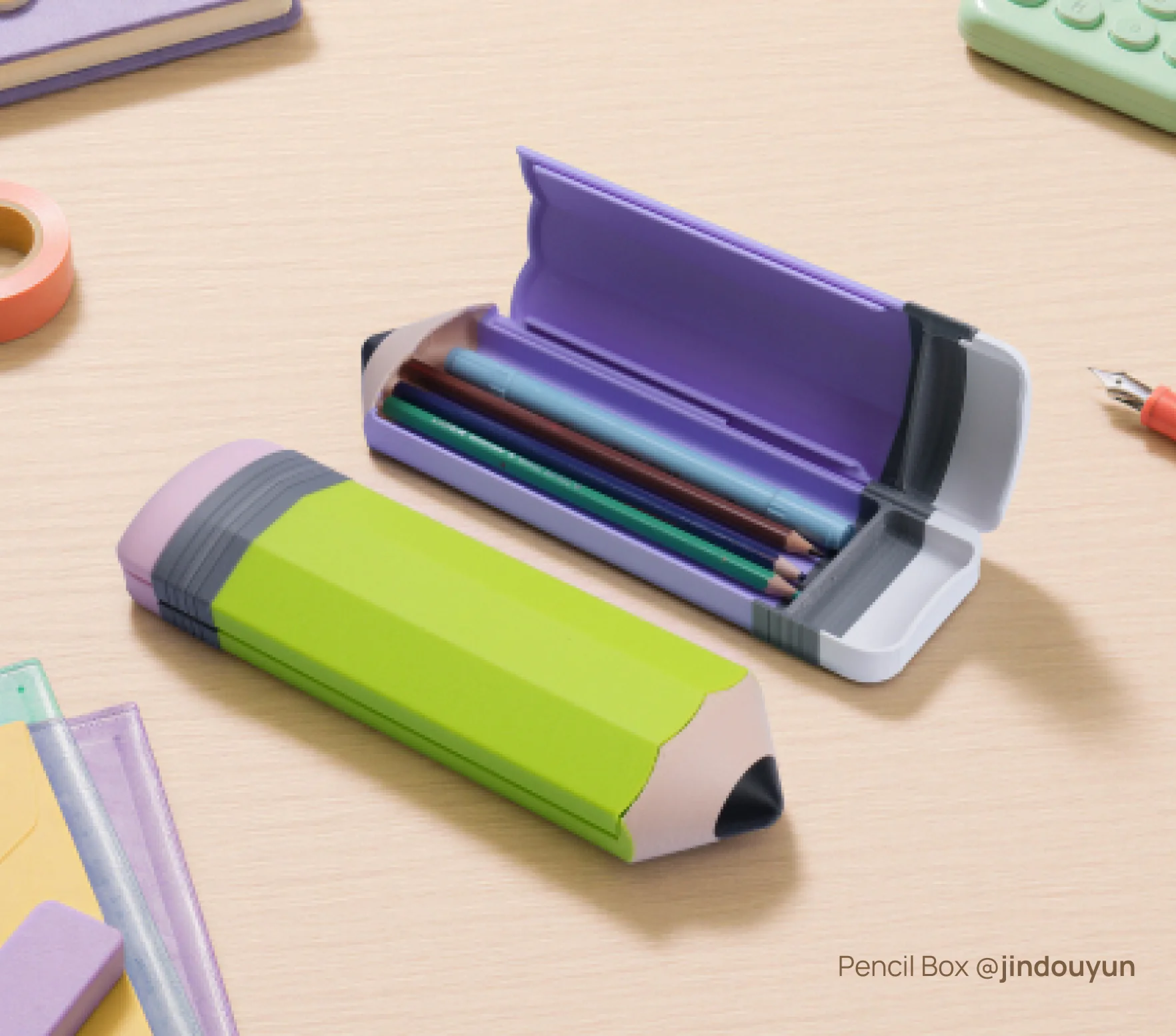 3D printed pencil-shaped storage boxes in bright colors made with PETG Matte filament