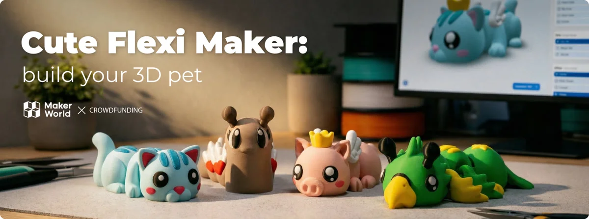Cute Flexi Maker app with custom 3D printed flexi pets on a desk