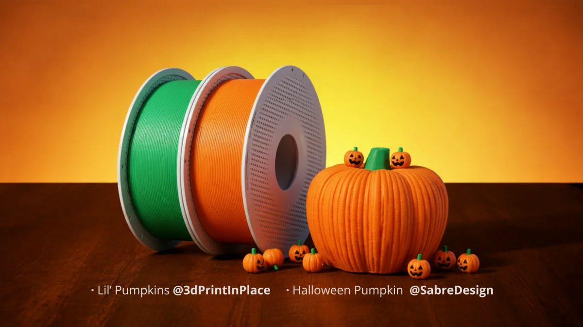3D printed pumpkins and filament spools on a table — Bambu Lab Halloween Sale 2026