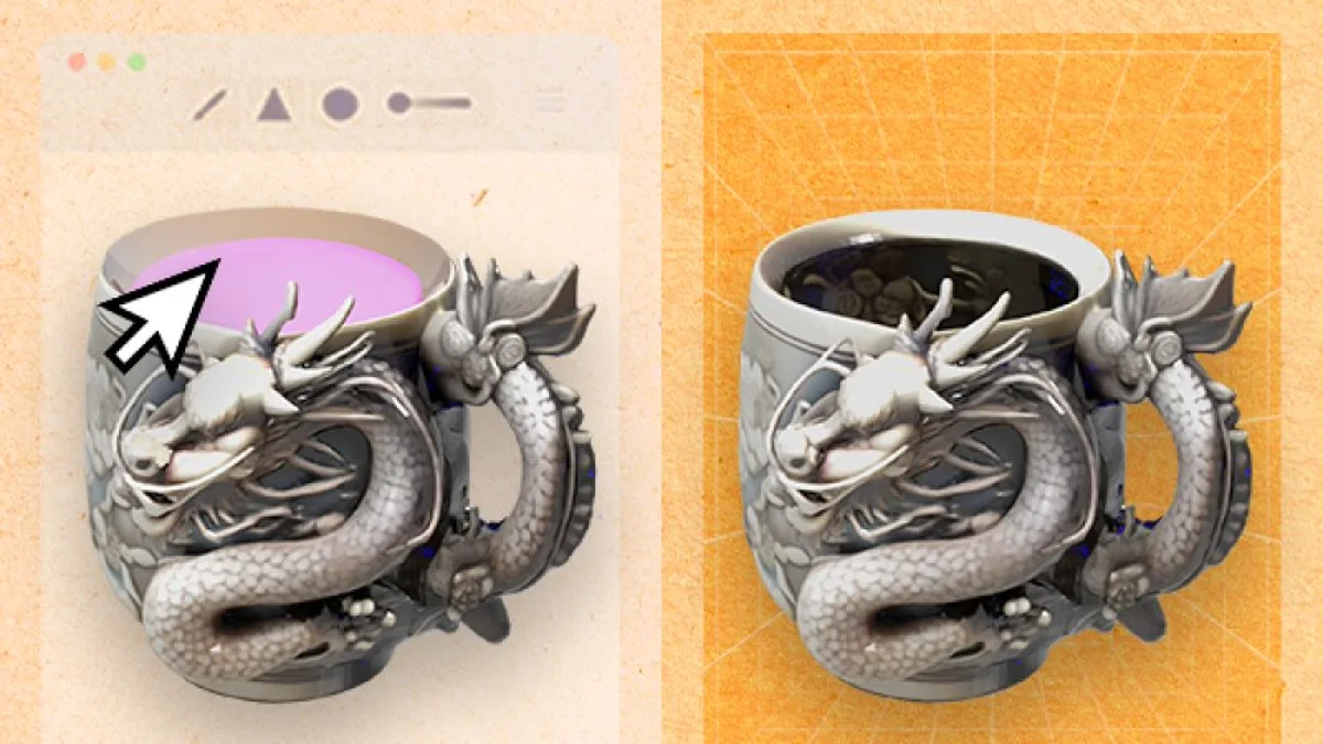 InstructMesh workflow: AI-designed dragon mug in the editor and the finished 3D printed result