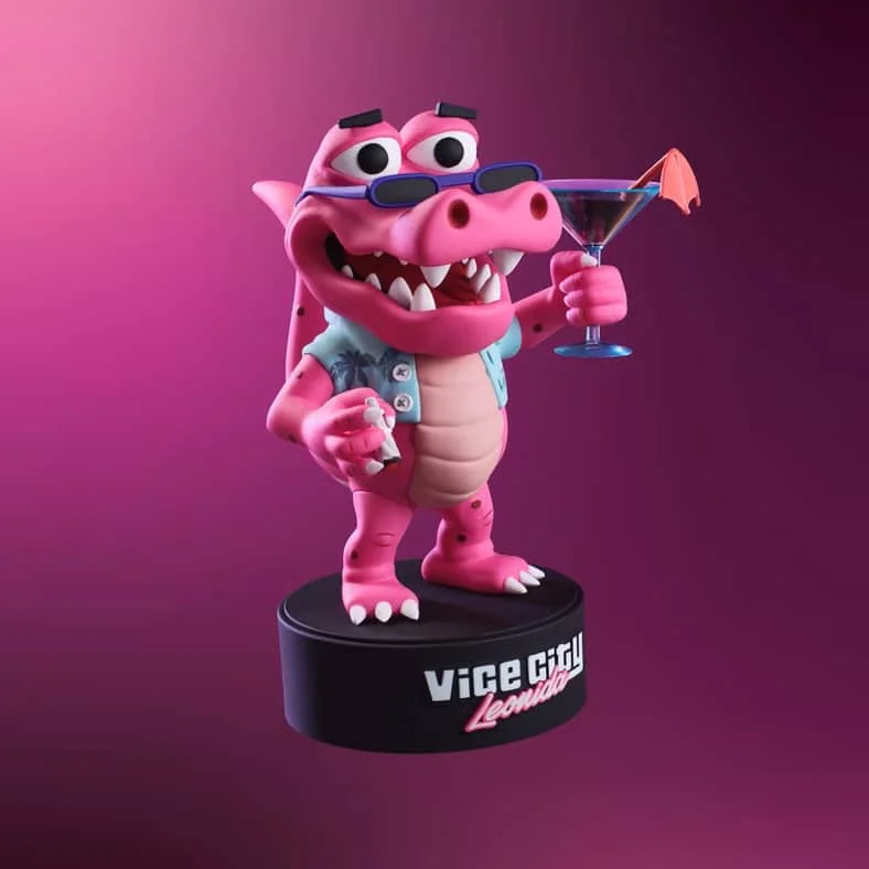 The official Macca the Gator vinyl figurine on its Vice City branded display base, from the GTA 6 Collector's Box