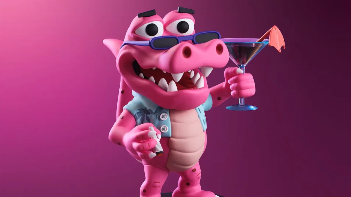 Macca the Gator, the pink alligator mascot figurine from Rockstar's GTA 6 Collector's Box, holding a cocktail
